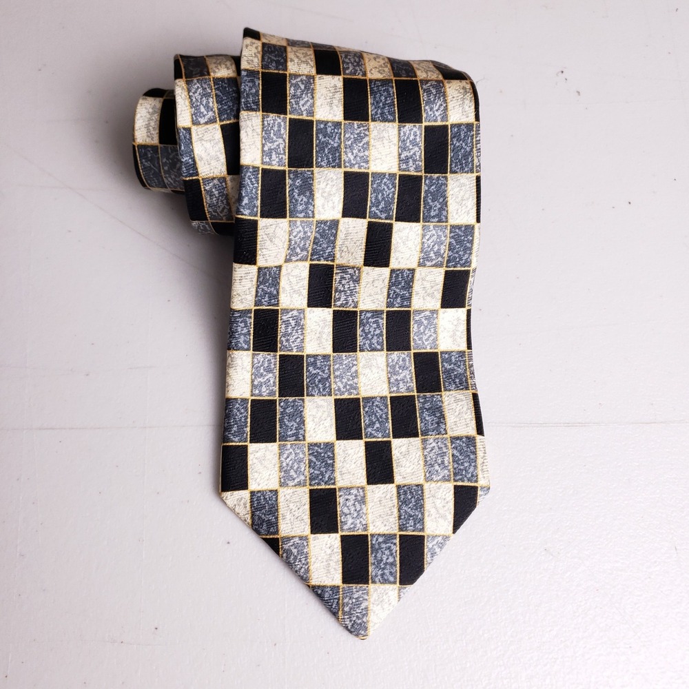 Raphael Silk Tie Mens Geometric Checkered Black Grey Gold Roma Milano Luxury